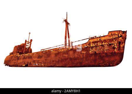 Side view of the rusty shipwreck in Glyfada beach near Gytheio, Gythio Laconia, Peloponnese, Greece. Isolated on white background with copy space. Stock Photo