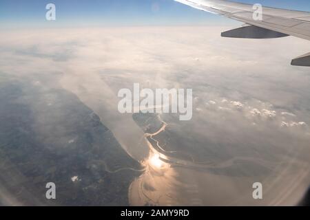 Aerial View of the magnificent Bramhaputra River in Bangladesh from the airplane. selective focus. Stock Photo