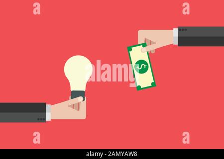Flat design Hand holds money and hand holds light bulb. Buy idea, investing in innovation, modern technology business concept. Vector illustration Stock Vector