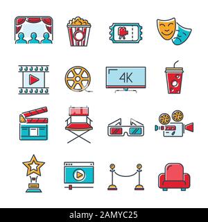 Cinema and Movie Line Icons Set Stock Vector