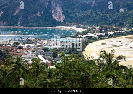 View of Phi Phi island and pier from View point 2 in Thailand. Stock Photo
