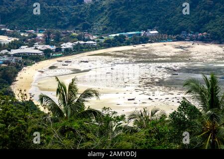 Aerial: Dried up Loh Dalum Beach in Phi Phi Island. Stock Photo