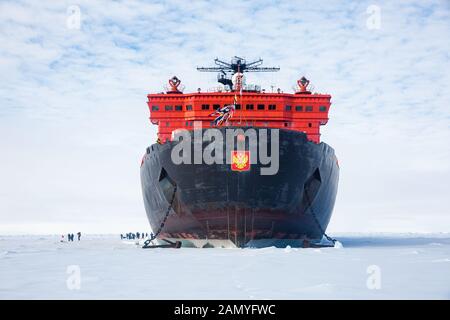 50 years of victory (Russian Icebreaker) on ice at the geographical North Pole Stock Photo