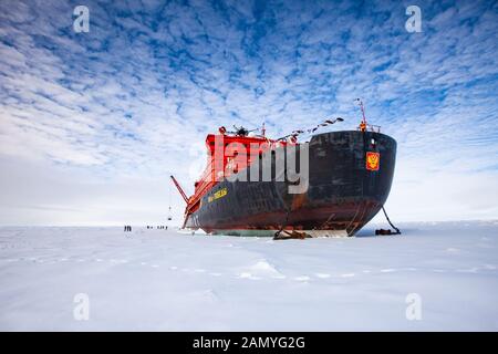 50 years of victory (Russian Icebreaker) on ice at the geographical North Pole Stock Photo