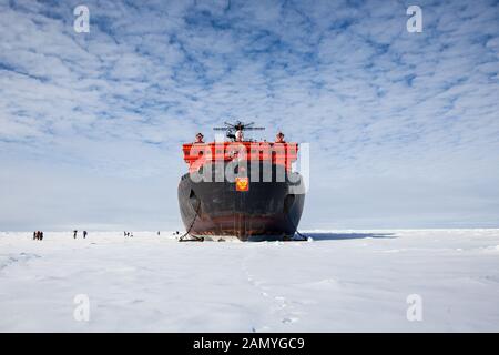 50 years of victory (Russian Icebreaker) on ice at the geographical North Pole Stock Photo