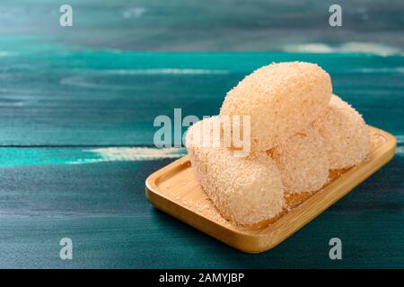 mochi or glutinous rice dumplings on a wood table with copy space Stock Photo