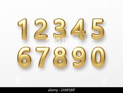 Realistic 3d lettering numbers isolated on white background. Golden numbers set. Decoration elements for banner, cover, birthday or anniversary party Stock Vector