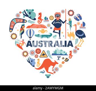 Australia illustration of heart with many icons, symbols. Vector design Stock Vector