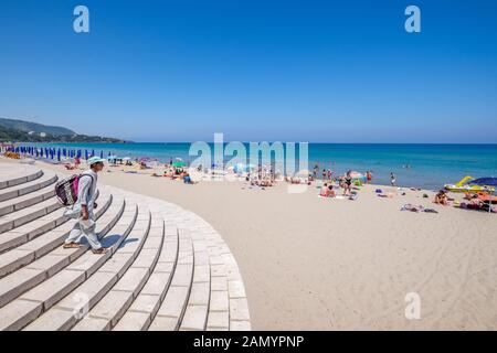 The beach in Cefalù, Sicily. Historic Cefalu is a major tourist destination on Sicily. Stock Photo