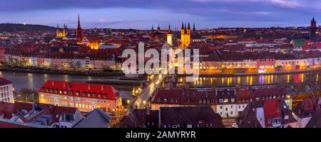 Aerial panoramic view of Old Town with cathedral, city hall and Alte Mainbrucke in Wurzburg, part of the Romantic Road, Franconia, Bavaria, Germany Stock Photo