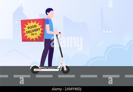 Food delivery concept. Minimal flat vector illustration of courier on electric scooter Stock Vector