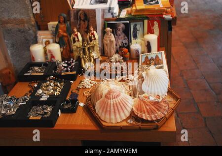 A French pilgrimage route to Santiago de Compostela begins in the, historic village of Vezelay.  Pilgrims often buy their identifying shells here. Stock Photo