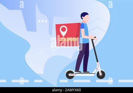 Product subscribe ordering and delivery by male on electric kick scooter service concept. Fridge with subscription online shopping goods app in Stock Vector
