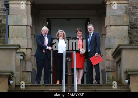 British Prime Minister Boris Johnson (left) and Secretary of State for Northern Ireland Julian Smith (right) is greeted by the new Deputy First Minister Michelle O'Neill and First Minister Arlene Foster at Stormont Castle, Belfast, Northern Ireland on Jan 13, 2020. Stock Photo