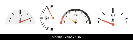 Set of Fuel gauge scales. Fuel meter. Fuel indicator. Gas tank gauge. Oil level tank bar meter. Collection Fuel gauge speedometer isolated on a white Stock Vector