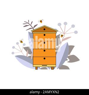 Beehive icon with bees and plants silhouette. Forest bee farm concept. Logo or design element for web design isolated on white Stock Vector