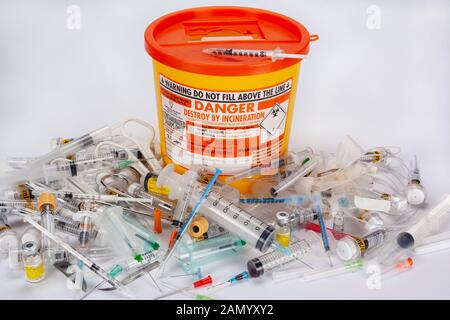 York. England. 03.31.11. Safe disposal of Medical Sharps to be destroyed by incineration. Stock Photo