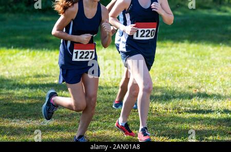 Three high school girls competing in a high school cross country race wearing blue uniforms on a grass field. Stock Photo
