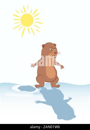 Funny marmot scared of his shadow. Illustration for February 2. Stock Vector