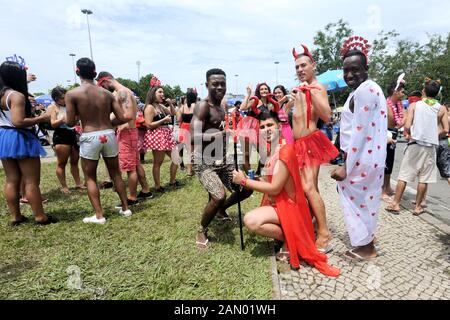 Brazil - March 4, 2019: Great atmosphere during a Carnival street party held in Rio de Janeiro. Revelers were happy to show that they were having fun. Stock Photo