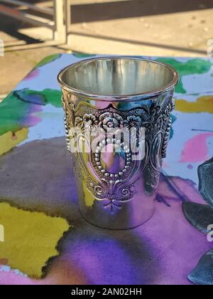 Close-up of ornate silver Kiddush cup, used for blessings over wine in Judaism, Lafayette, California, January 10, 2020. () Stock Photo