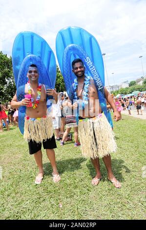 Street carnival, Brazil - March 4, 2019: Friends dressed up like Brazilian Havaianas Flip Flop Sandals perform during the Carnival in Rio de Janeiro. Stock Photo