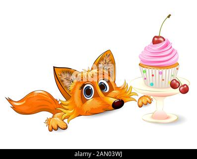 Cartoon red fox and cupcake with cherry on a white background. Greeting card. Stock Vector
