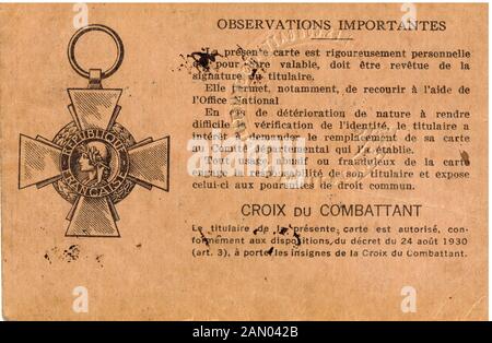 French WWI Veteran and war wounded ID card,  Lyon, France Stock Photo