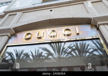 Low-angle view of logo on facade of Gucci retail store on Santana Row in the Silicon Valley, San Jose, California, January 3, 2020. () Stock Photo