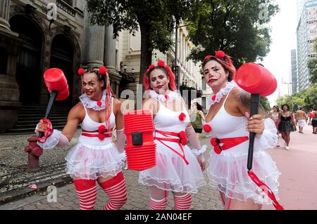Brazil - March 4, 2019: Friends in costume perform during the Carnival in Rio de Janeiro, one of the most renowned carnivals in the world. Stock Photo