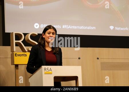 London / UK – January 15, 2020: Lisa Nandy, candidate for leader of the Labour Party, gives a speech on the UK’s position in the world after Brexit, at the RSA Stock Photo