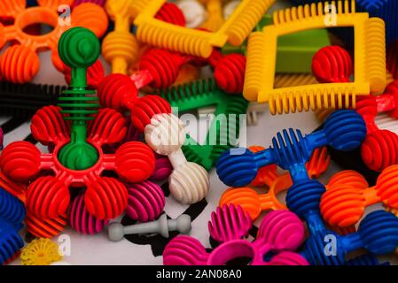 Constructor. Multi-colored blocks of the designer. Educational board game for the student. Stock Photo