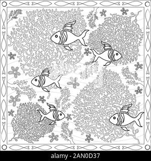 Coloring Page Illustration in Square Format for Adults, Coral Fish Underwater Design - Black and White Stock Vector