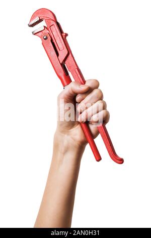 Female hand with wrench isolated on a white background. The master with the tool Stock Photo