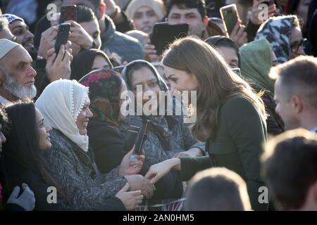 The Duchess of Cambridge meeting the public as she arrives for a visit to a Khidmat Centre in Bradford to hear about the activities and workshops offered at the centre and the organisations that they support. PA Photo. Picture date: Wednesday January 15, 2020. See PA story ROYAL Cambridge. Photo credit should read: Danny Lawson/PA Wire Stock Photo