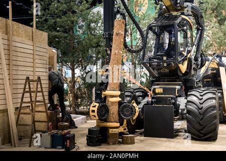 Berlin, Germany. 15th Jan, 2020. A tree-cutting machine can be seen at an exhibition stand in an exhibition hall on the day of assembly at the International Green Week. The world's largest trade fair for food, agriculture and horticulture will run from 17 to 26 January. Credit: Carsten Koall/dpa/Alamy Live News Stock Photo