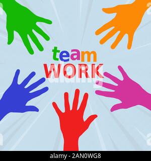 Colorful hands which symbolize diversity reaching after the word teamwork. Every hand has the same color of a letter of the word team. Everybody have Stock Photo