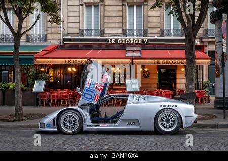 Bugatti EB110 Race car on the Champs Elyse Paris. Silver car 1995 GTS1 IMSA race car Stock Photo
