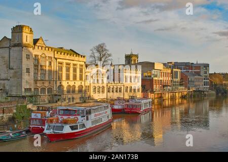 YORK CITY ENGLAND THE RIVER OUSE WITH MOORED TOURIST CRUISE BOATS Stock Photo