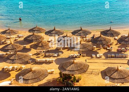Red sea beach from aerial top view. Tourists relaxing under umbrellas on luxury resort, Egypt.