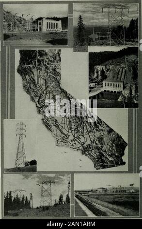Pacific service magazine . Contra Costa Substation, southern terminus of the 220,000-volt transmission line from Vaca-Dixon.. Views of the 220,000-volt Pit River Transmission system. Upper left, Pit River No. One powerhouse, installed capacity 93,834 horsepower; upper right, single circuit tower with suspension in-sulators; center left, double circuit tower; center, interconnected network of transmission linesof all voltages, and topography of California; center right, Pit River No. Three power house,installed capacity 108,580 horsepower; lower left, single circuit angle tower, with dead end i Stock Photo