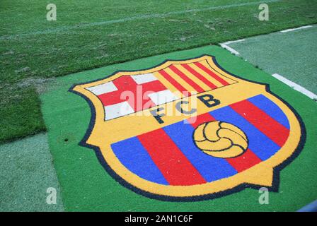 BARCELONA, SPAIN - JULY, 2013 : FC Barcelona logo at Camp Nou stadium field. Stock Photo
