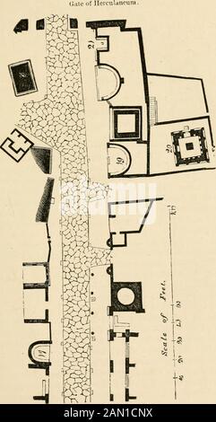 Pompeii, its history, buildings, and antiquities : an account of the destruction of the city with a full description of the remains, and of the recent excavations, and also an itinerary for visitors . Ground-plan of ihe Street of Tuubs TOMBS. 511. U round-plan of the Street of Tombs 512 POMPEII. The tomb itself is a solid building, not fitted for the recep-tion of urns, and therefore merely erected in commemoration,like the cippi above described. The facade is about nine feetbroad and twelve high, and presents two pilasters, whichsupport a pediment. The capitals are capricious, but notinelegan Stock Photo