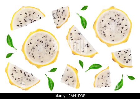 Dragon fruit, Pitaya or Pitahaya yellow with leaf isolated on white background. Top view. Flat lay Stock Photo