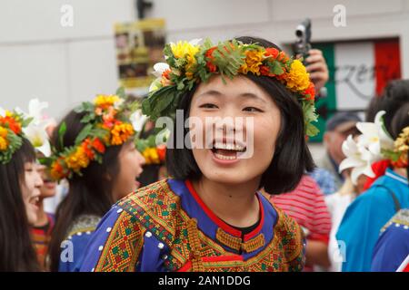 Woman in Taiwanese traditional costume at the International Musical Eisteddfod street parade in Llangollen celebrat Stock Photo