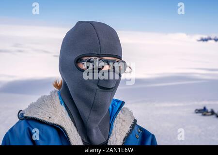 Scientist wearing protective gear, The Glaciological society spring expedition, Vatnajokull Glacier, Iceland Stock Photo