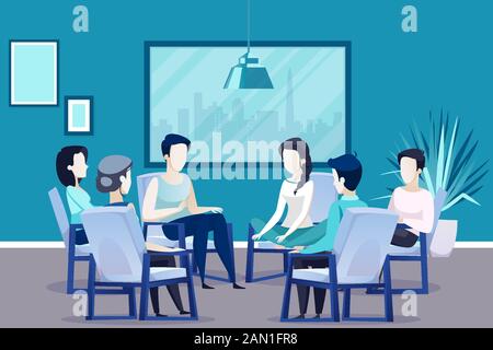 Group therapy concept. Vector of people sitting on chairs arranged in a circle discussing psychological problems being counseled Stock Vector