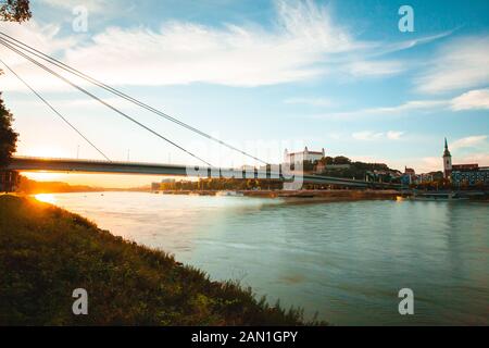 View of UFO Bridge over Danube River Stock Photo