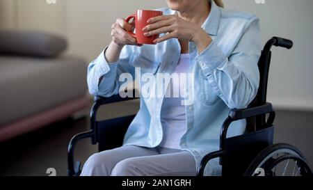 Senior woman in wheelchair drinking tea, pensioner relaxing at home, leisure Stock Photo