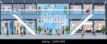 Vector of a shopping mall with security cameras and facial recognition technology tracking customers Stock Vector